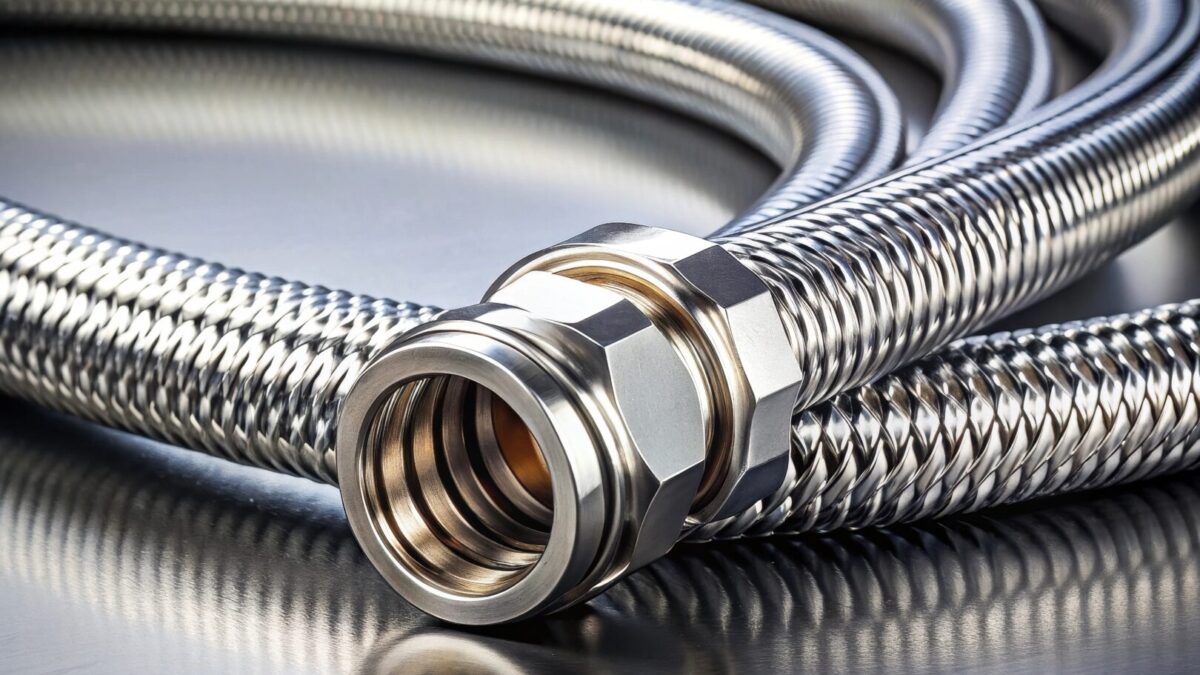 Close up view of a flexible metal hose with compression fittings, showcasing its intricate braided design and durable construction.